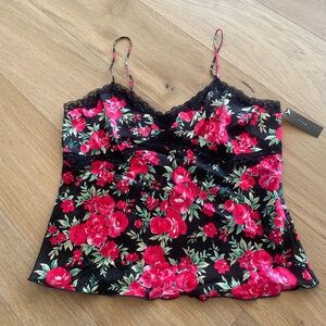 NWT Floral Lace-Trim Cami Top - Black with Pink Rose Print